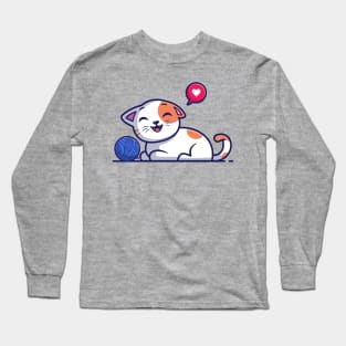 Cute cat playing with yarn ball cartoon Long Sleeve T-Shirt